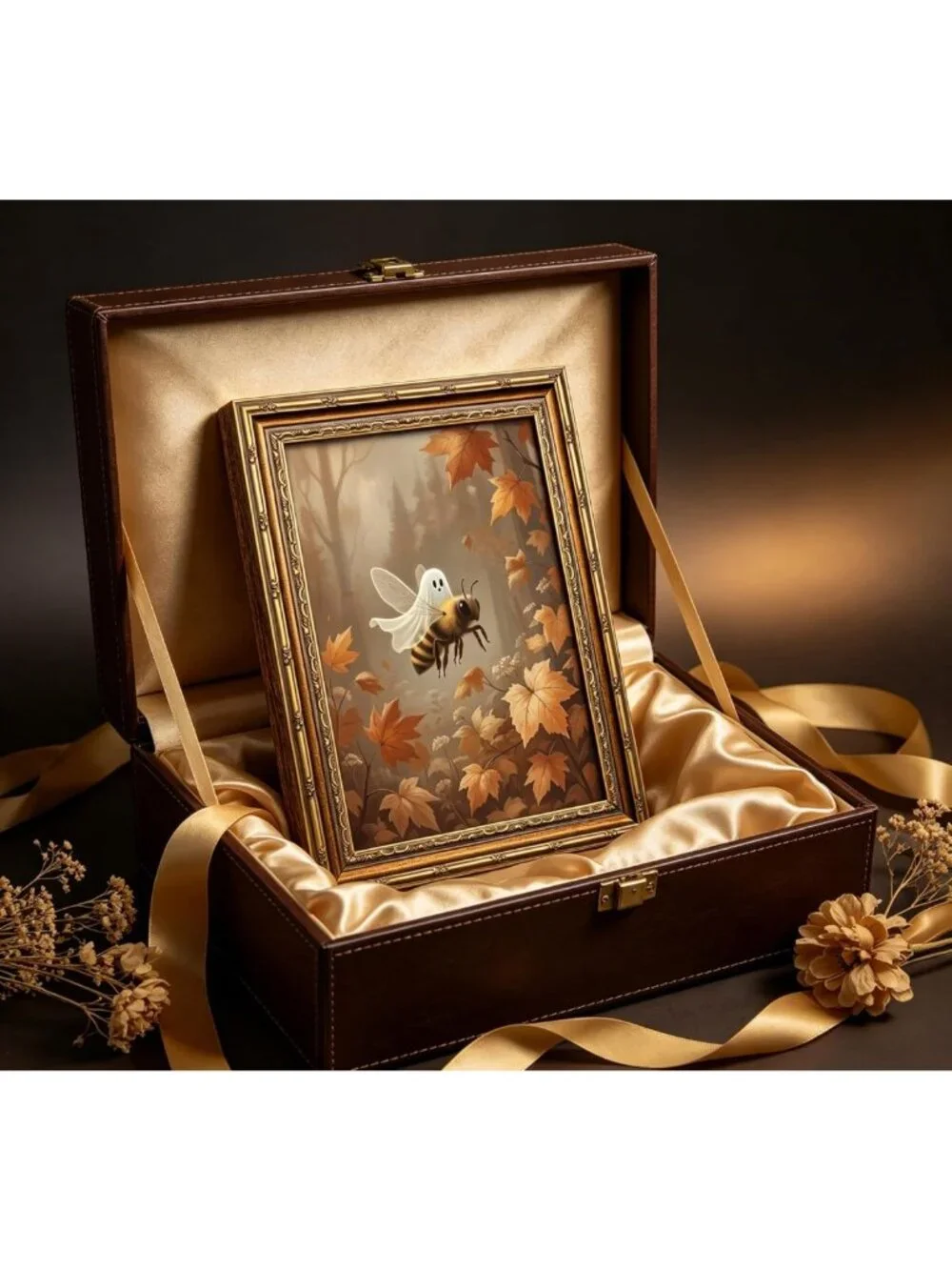 Vintage Gold Framed Ghost Bee Wall Art | Gothic Halloween Canvas Print